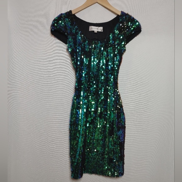 Dress the Population Gabrielle Sequin‎ Mini Dress Open Back Blue Green Purple XS - Picture 2 of 9